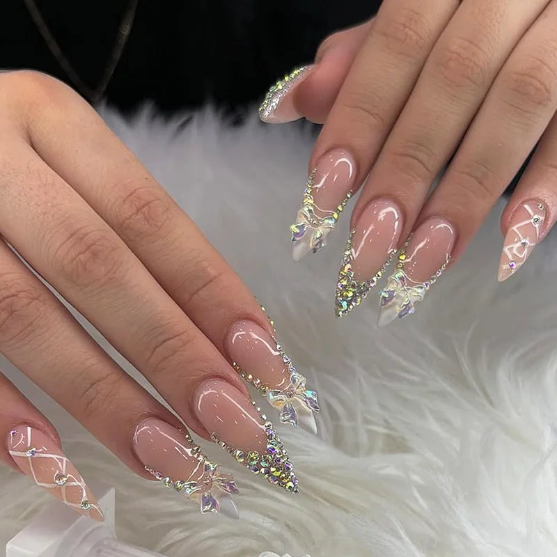 24pcs Long Stilleto Press on Fake Nail Leopard Print Design False Nails with Golden Foil Wearable French Full Cover Nail Art Tip