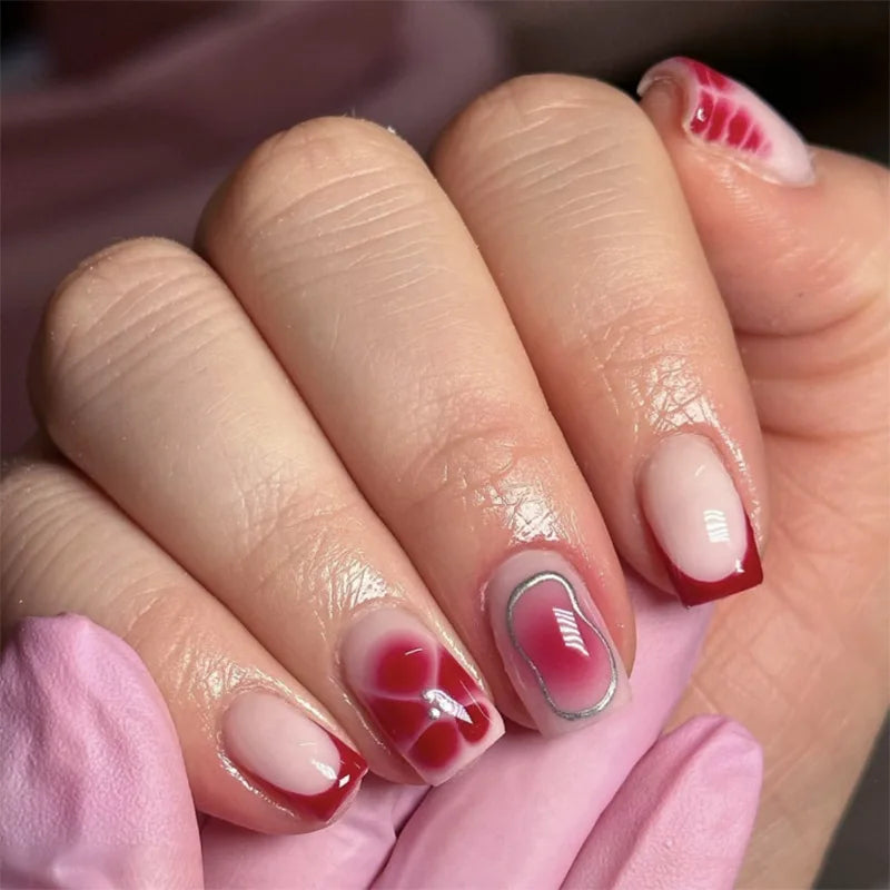 24pcs Women'S Nail Set Burgundy Almond Shape Medium Length Solid Color with Floral Golden Dust Design Fake Nails for Women/Girls