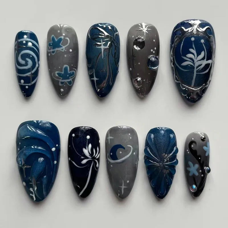 24Pcs Black Y2k Long False Nails with Almond Head Design Cat's Eye Silver Stripe Pattern Press on Fake Nails Wearable Nail Tips