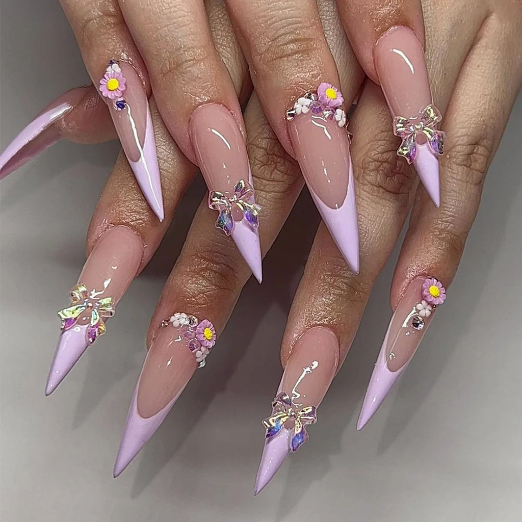 24Pcs Long Stiletto Nails Set Press on Pink Edge French Detachable Fake Nails Art Simple Artificial Full Cover False Nails Tips