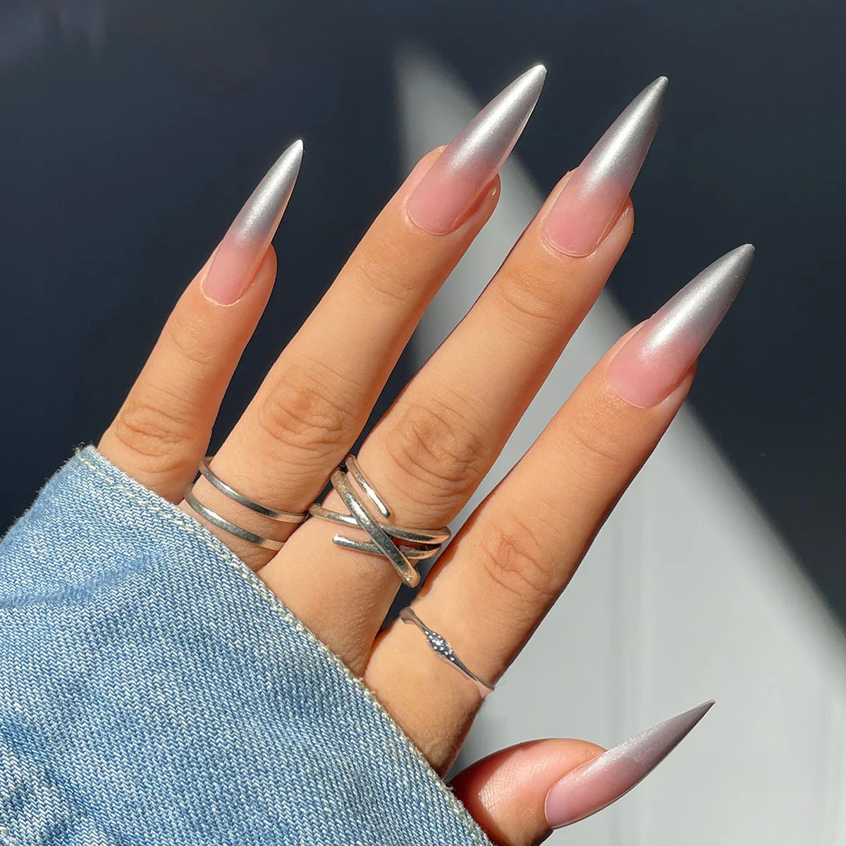 24Pcs Long Stiletto Nails Set Press on Pink Edge French Detachable Fake Nails Art Simple Artificial Full Cover False Nails Tips