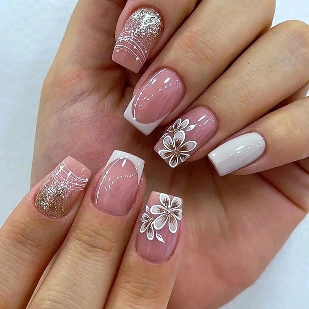 24Pcs Short Square Coffin False Nails Square Fake Nails with Glue French Glitter Wearable Acrylic Nails Set Press on Nail Tips