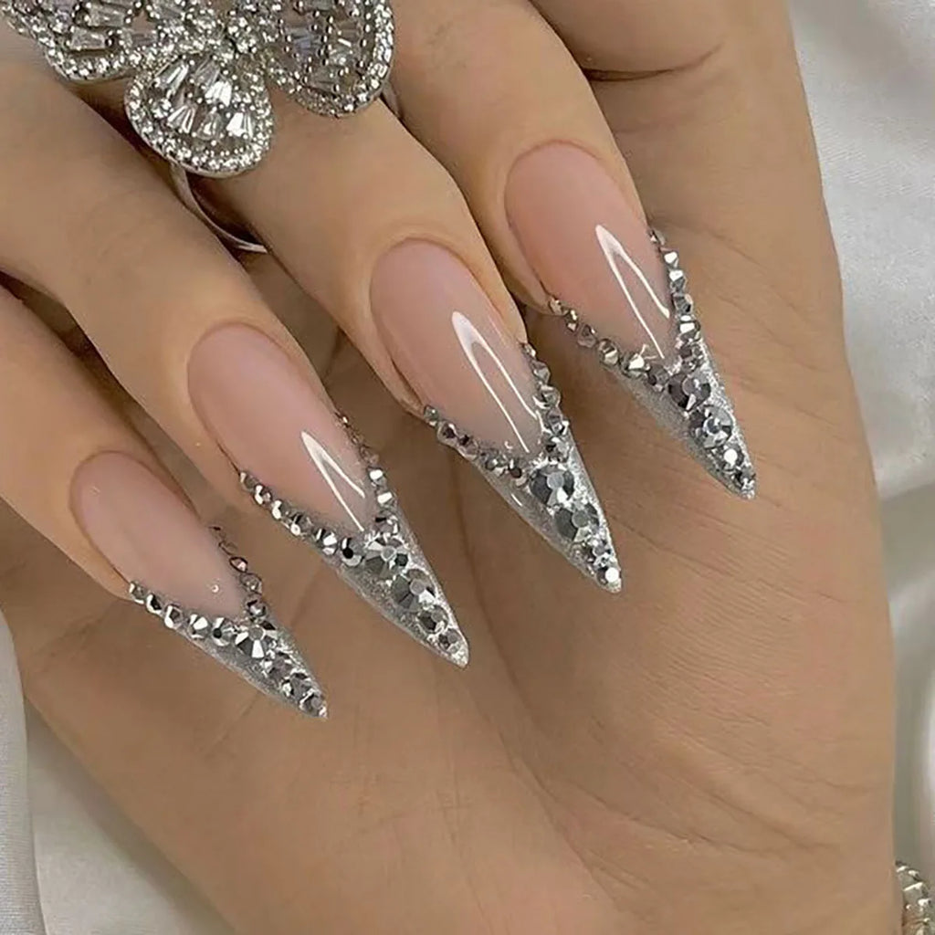 24Pcs Long Stiletto Nails Set Press on Pink Edge French Detachable Fake Nails Art Simple Artificial Full Cover False Nails Tips