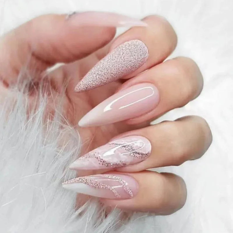 24Pcs Long Stiletto Nails Set Press on Pink Edge French Detachable Fake Nails Art Simple Artificial Full Cover False Nails Tips