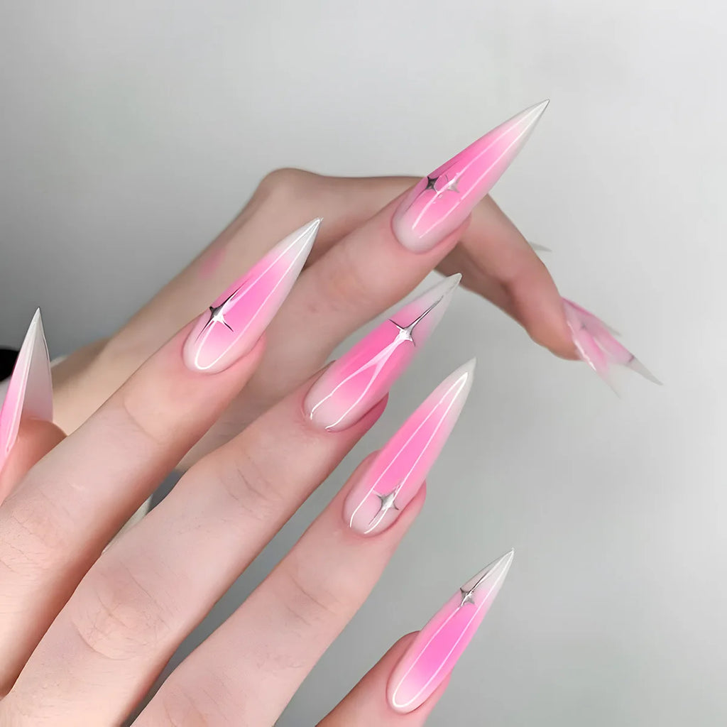 24Pcs Long Stiletto Nails Set Press on Pink Edge French Detachable Fake Nails Art Simple Artificial Full Cover False Nails Tips