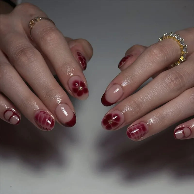 24pcs Women'S Nail Set Burgundy Almond Shape Medium Length Solid Color with Floral Golden Dust Design Fake Nails for Women/Girls
