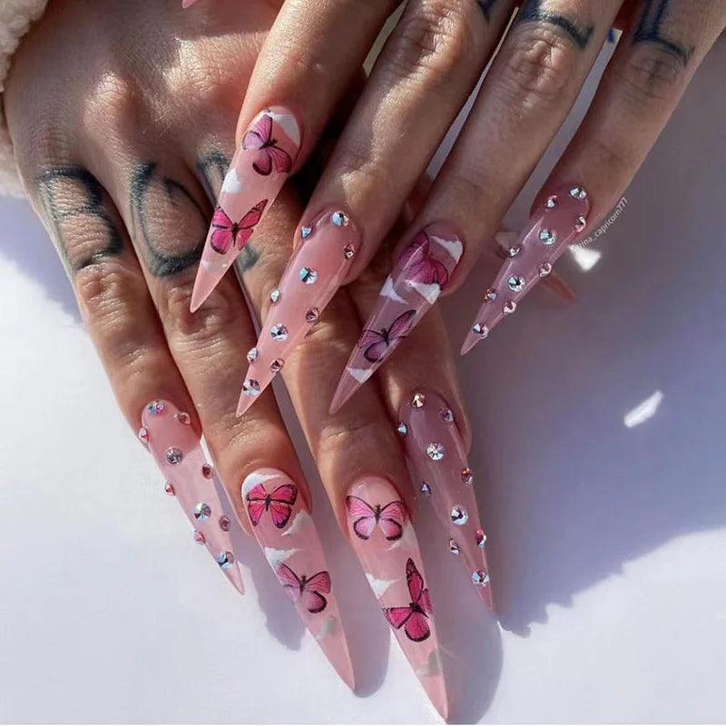 24Pcs Long Stiletto Nails Set Press on Pink Edge French Detachable Fake Nails Art Simple Artificial Full Cover False Nails Tips