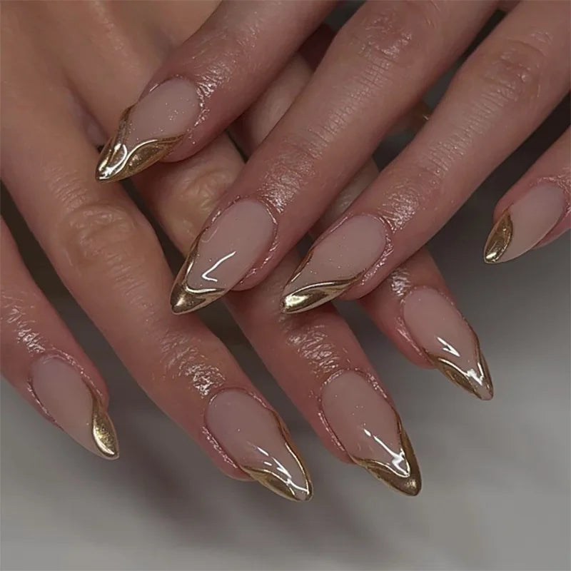 24pcs Long Stilleto Press on Fake Nail Leopard Print Design False Nails with Golden Foil Wearable French Full Cover Nail Art Tip