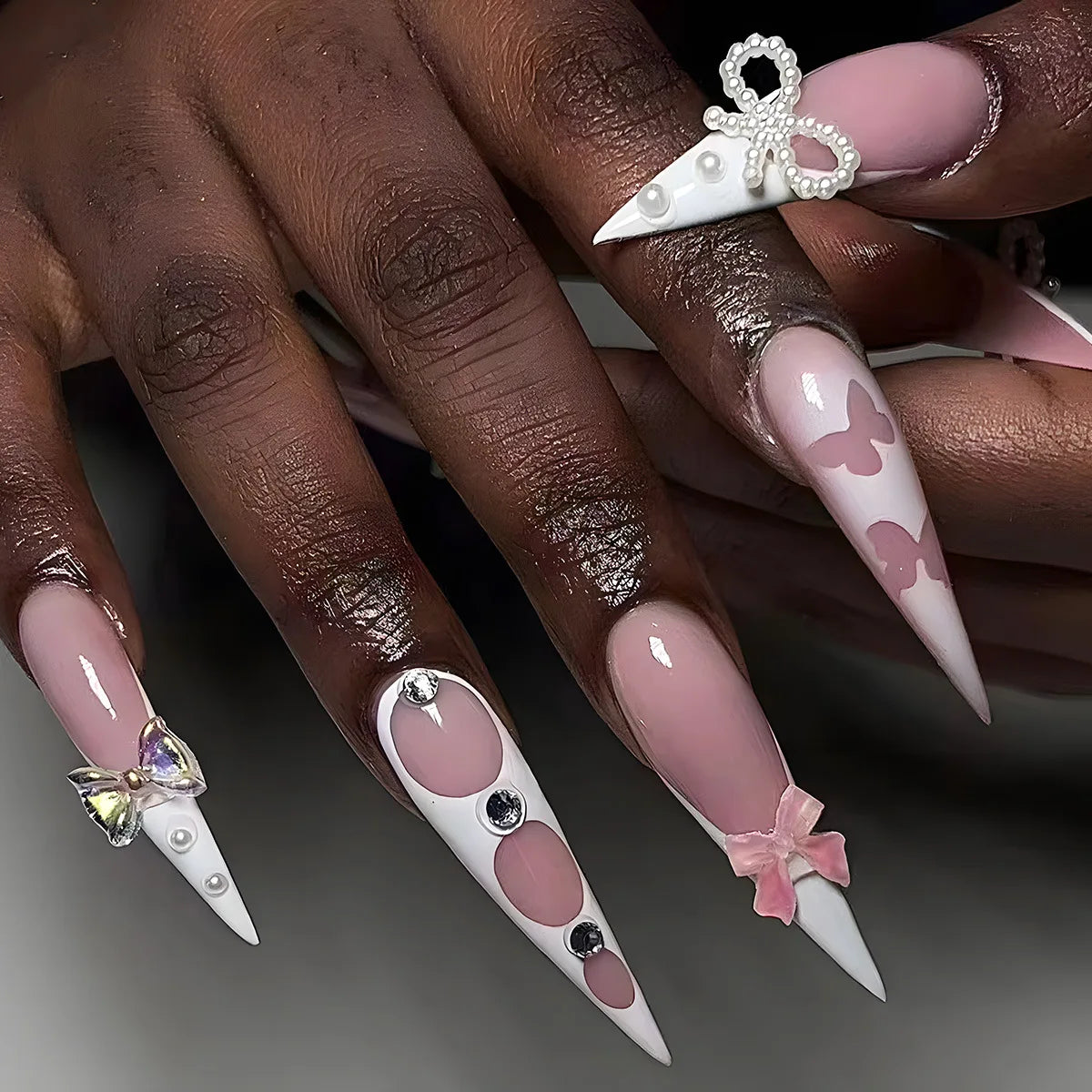 24Pcs Long Stiletto Nails Set Press on Pink Edge French Detachable Fake Nails Art Simple Artificial Full Cover False Nails Tips