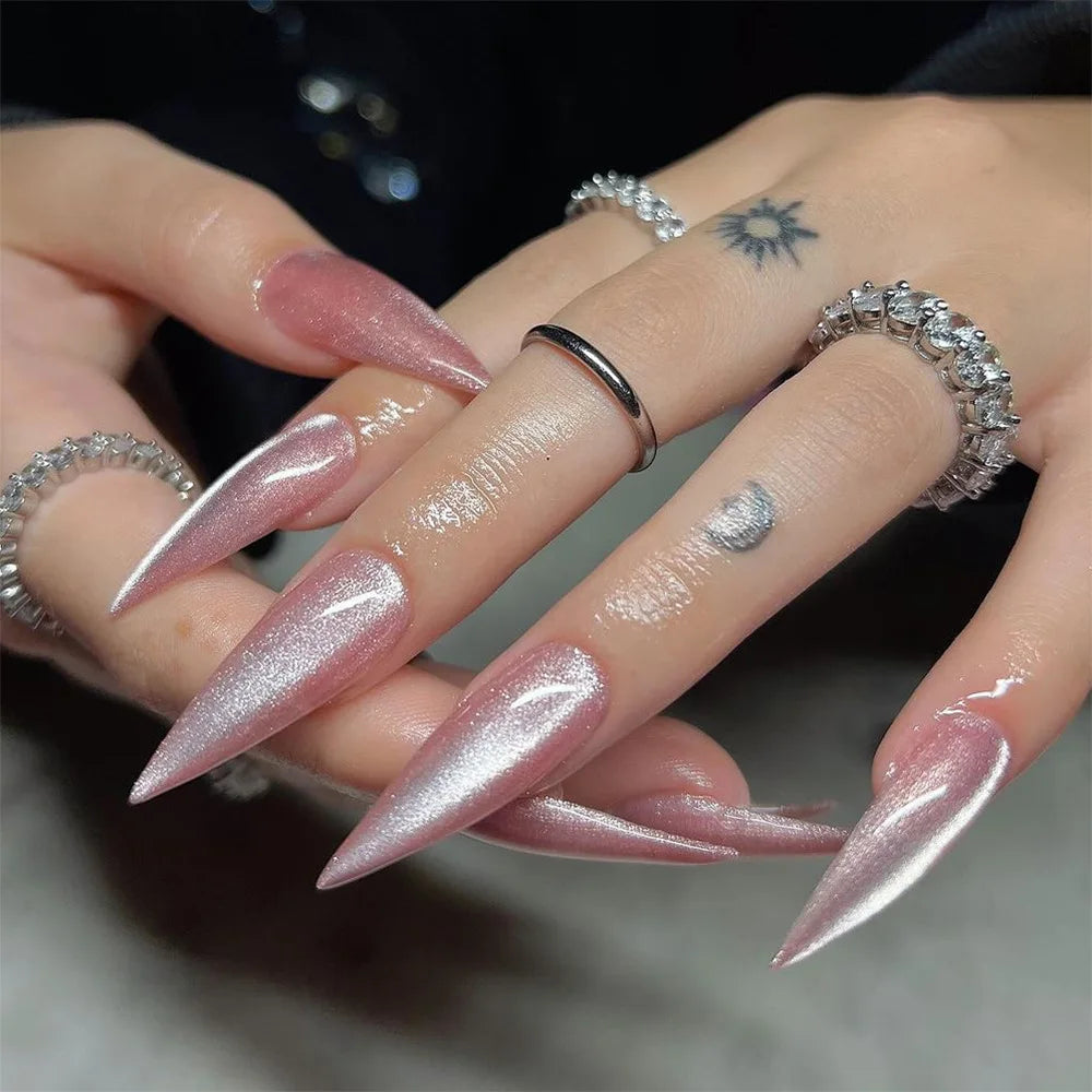 24Pcs Long Stiletto Nails Set Press on Pink Edge French Detachable Fake Nails Art Simple Artificial Full Cover False Nails Tips