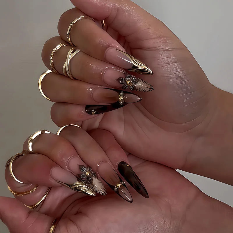 24pcs Long Stilleto Press on Fake Nail Leopard Print Design False Nails with Golden Foil Wearable French Full Cover Nail Art Tip