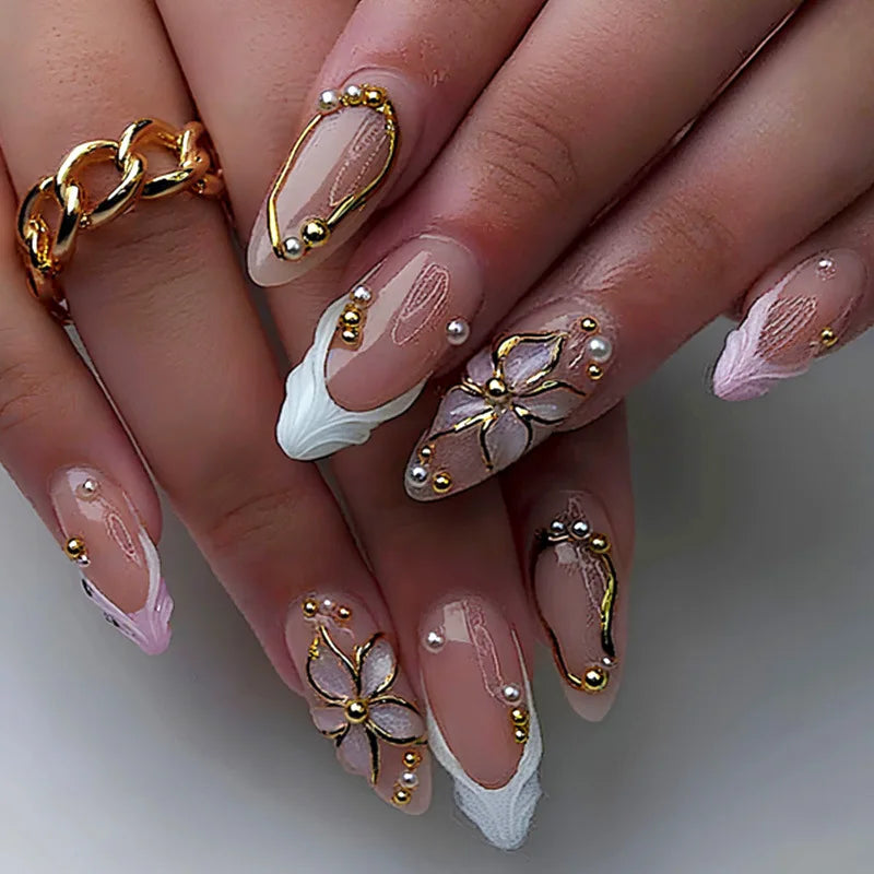 24Pcs Black Y2k Long False Nails with Almond Head Design Cat's Eye Silver Stripe Pattern Press on Fake Nails Wearable Nail Tips