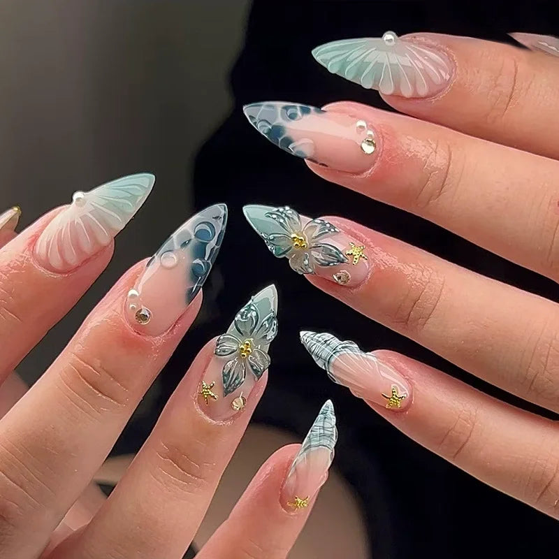 24pcs Long Stilleto Press on Fake Nail Leopard Print Design False Nails with Golden Foil Wearable French Full Cover Nail Art Tip