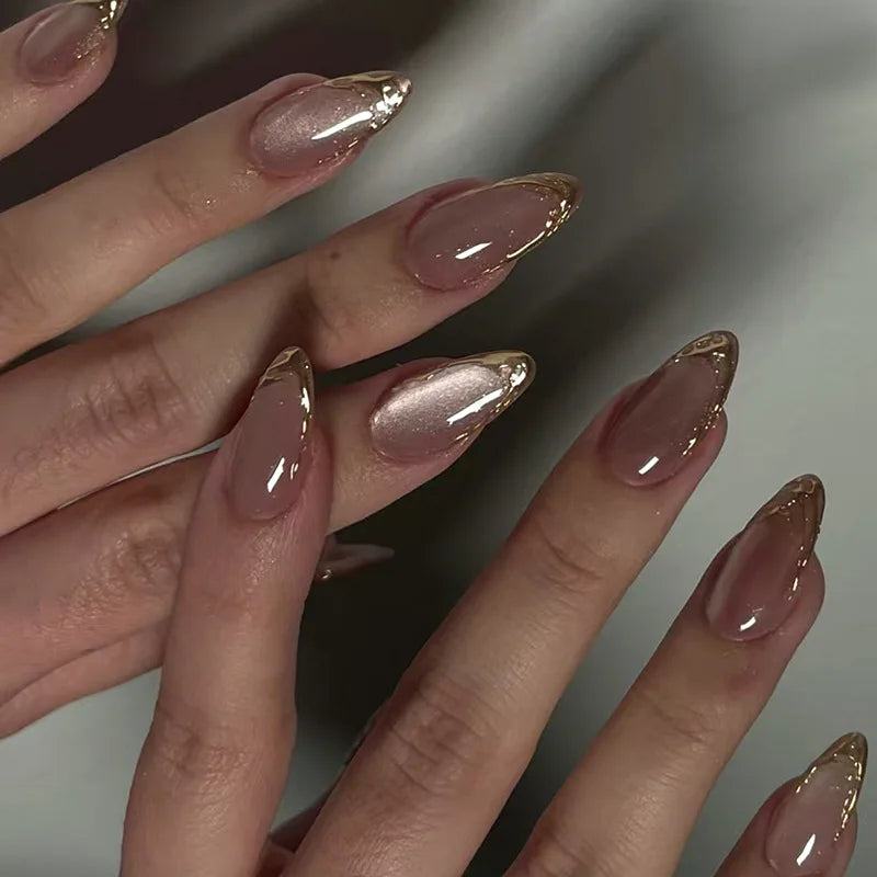 24pcs Long Almond Press on Nails False Nails with Golden Decoration Wearable Stick-on Nails Fake Nail Uñas Накладные Ногти 네일팁