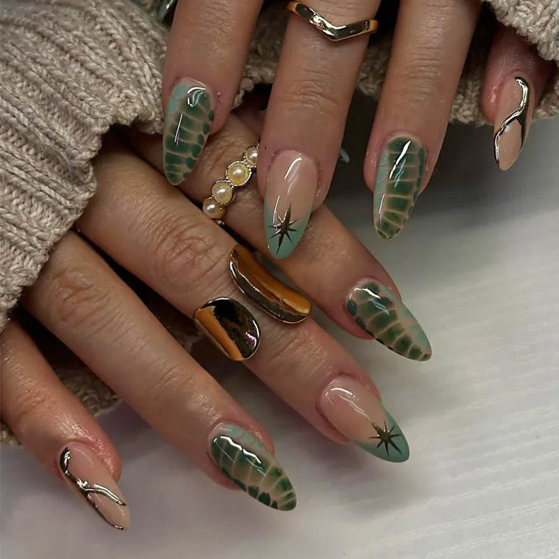 24pcs Long Almond Press on Nails False Nails with Golden Decoration Wearable Stick-on Nails Fake Nail Uñas Накладные Ногти 네일팁