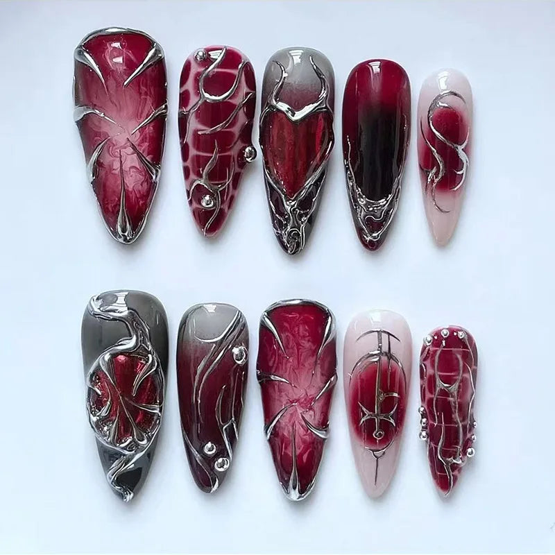24Pcs Black Y2k Long False Nails with Almond Head Design Cat's Eye Silver Stripe Pattern Press on Fake Nails Wearable Nail Tips