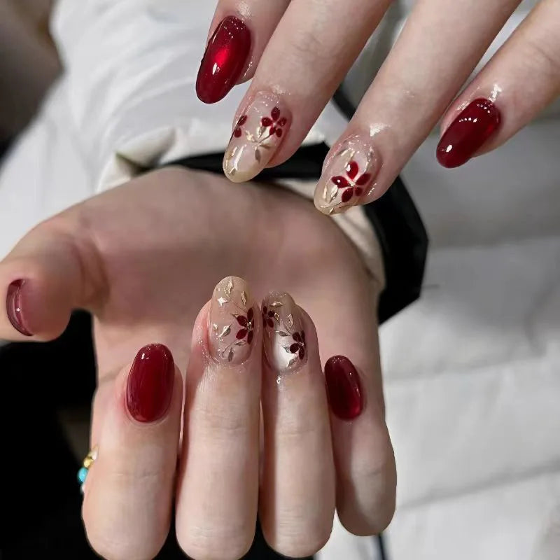 24pcs Long Almond Press on Nails False Nails with Golden Decoration Wearable Stick-on Nails Fake Nail Uñas Накладные Ногти 네일팁
