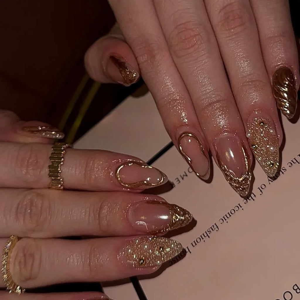 24pcs Long Almond Press on Nails False Nails with Golden Decoration Wearable Stick-on Nails Fake Nail Uñas Накладные Ногти 네일팁