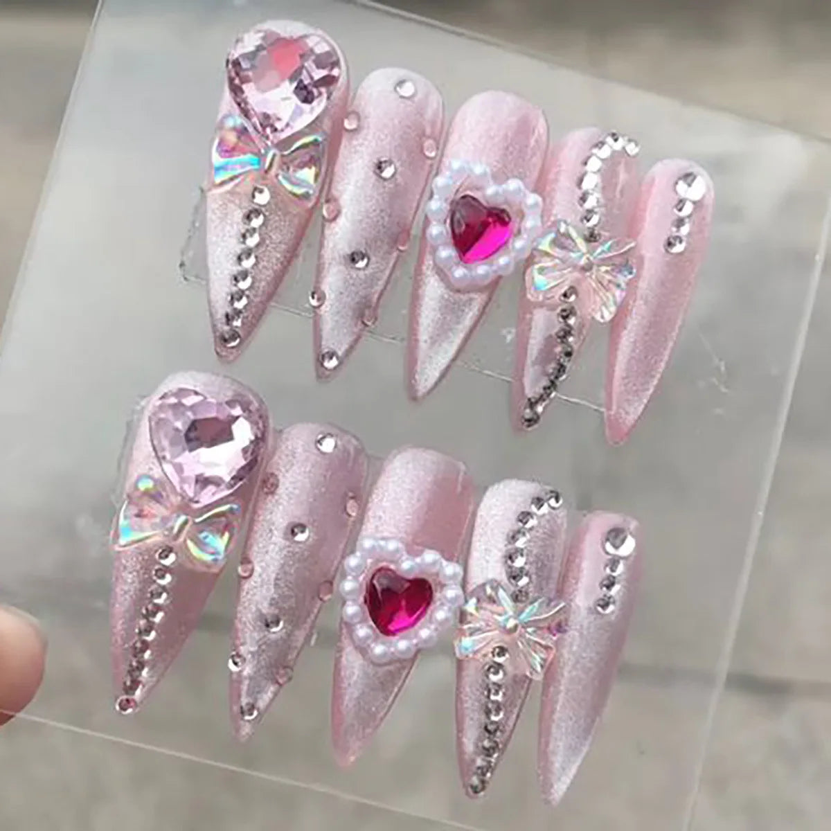 24Pcs Long Stiletto Nails Set Press on Pink Edge French Detachable Fake Nails Art Simple Artificial Full Cover False Nails Tips