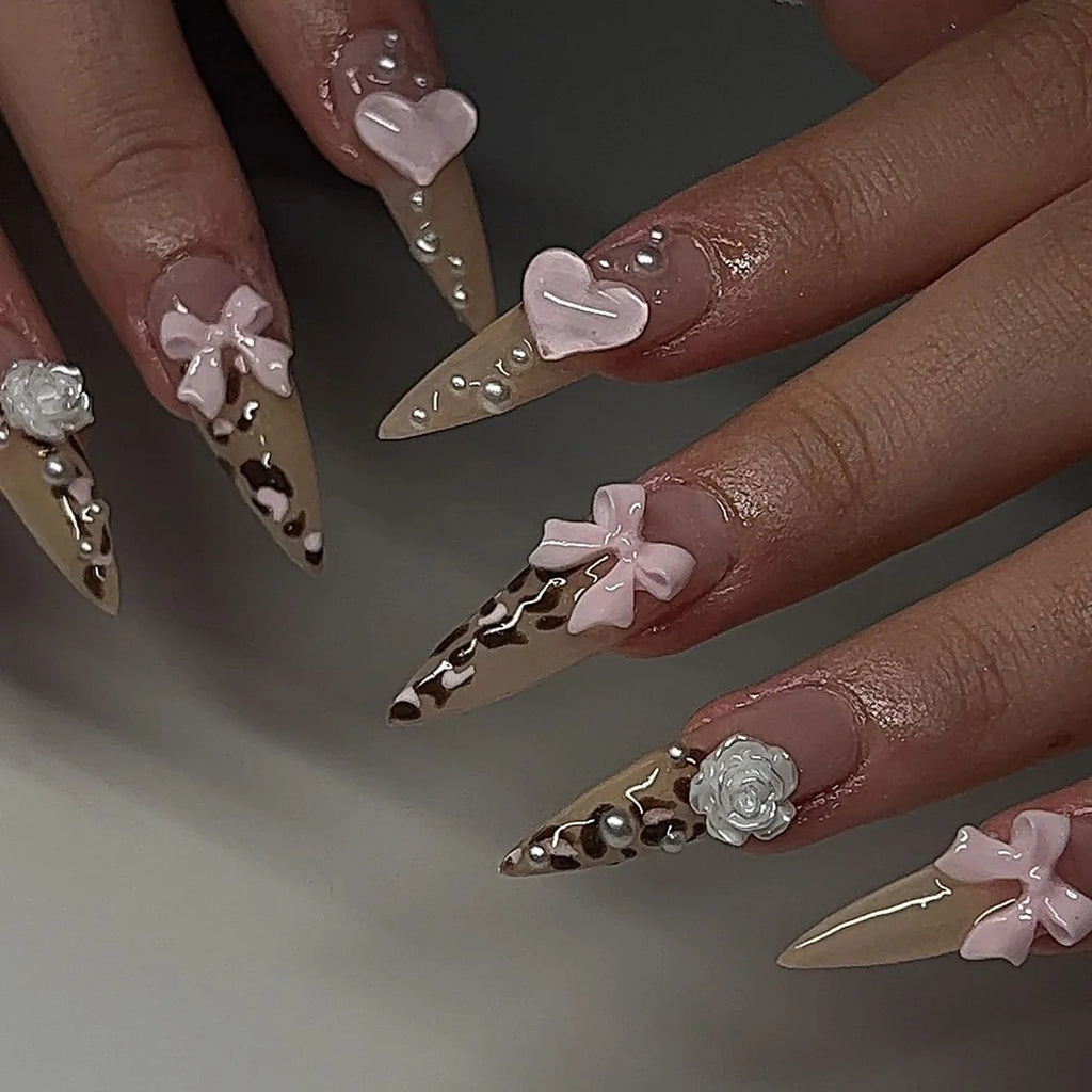 24pcs Long Stilleto Press on Fake Nail Leopard Print Design False Nails with Golden Foil Wearable French Full Cover Nail Art Tip