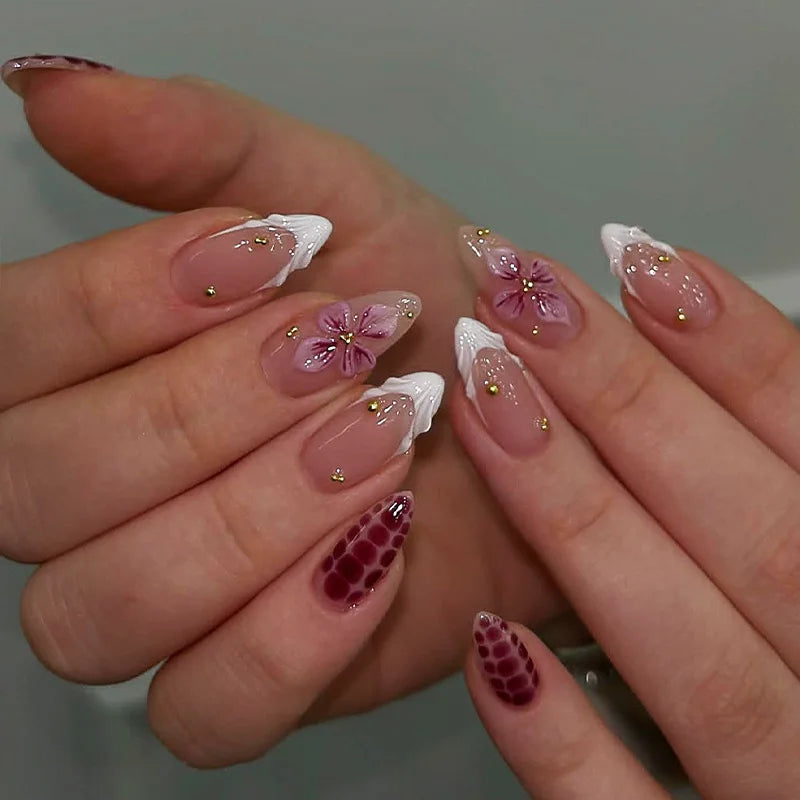 24pcs Long Almond Press on Nails False Nails with Golden Decoration Wearable Stick-on Nails Fake Nail Uñas Накладные Ногти 네일팁