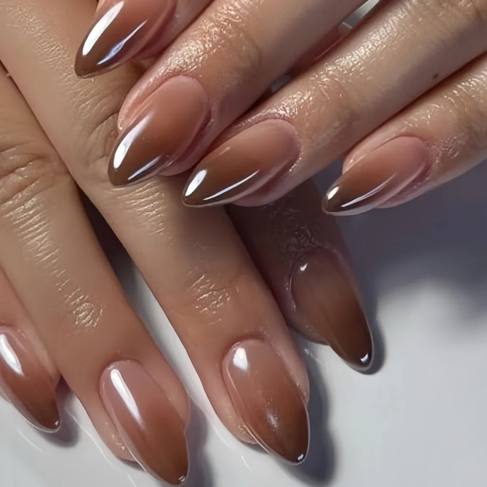 24pcs Long Almond Press on Nails False Nails with Golden Decoration Wearable Stick-on Nails Fake Nail Uñas Накладные Ногти 네일팁