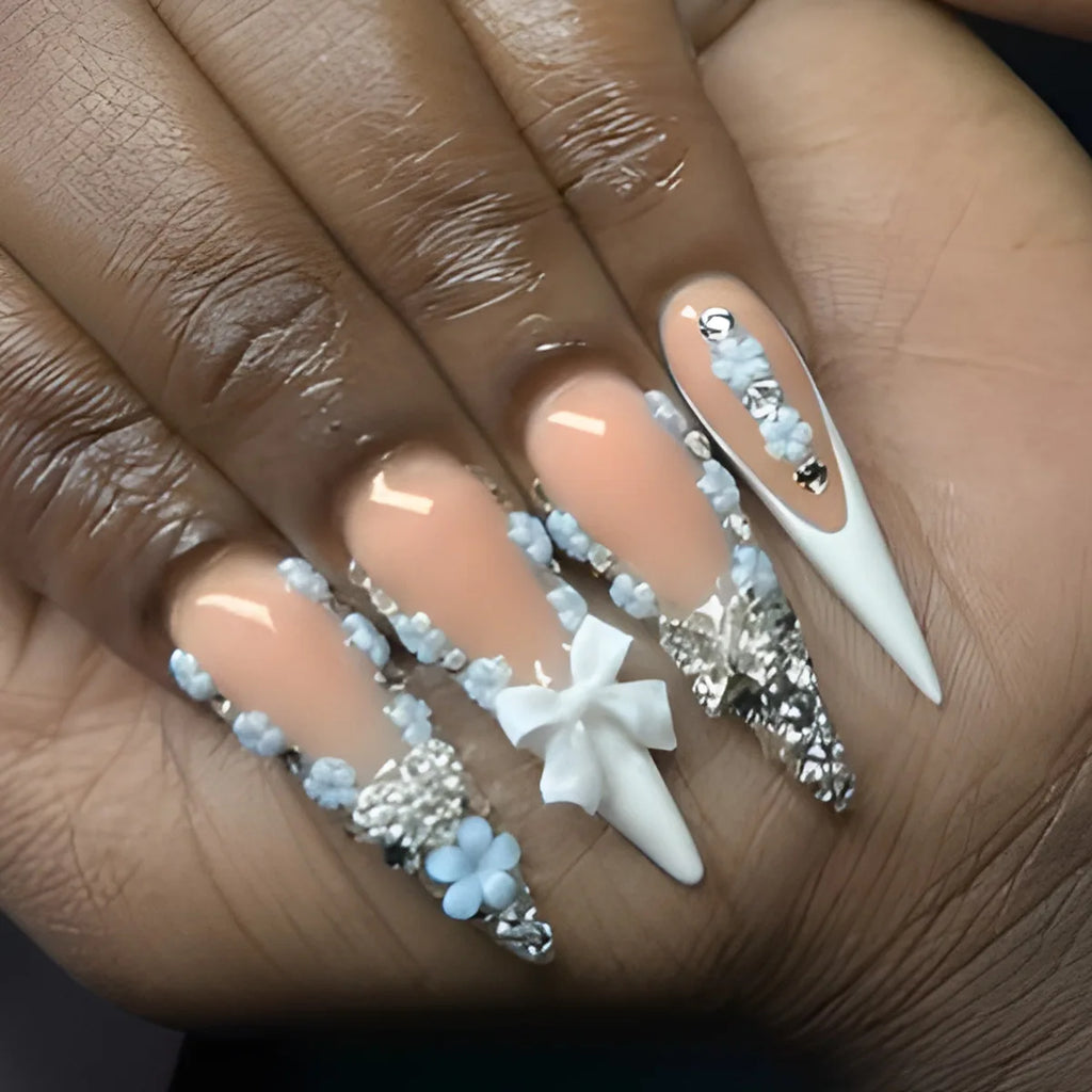 24Pcs Long Stiletto Nails Set Press on Pink Edge French Detachable Fake Nails Art Simple Artificial Full Cover False Nails Tips