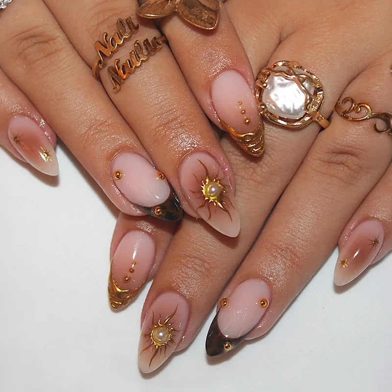 24pcs Long Almond Press on Nails False Nails with Golden Decoration Wearable Stick-on Nails Fake Nail Uñas Накладные Ногти 네일팁