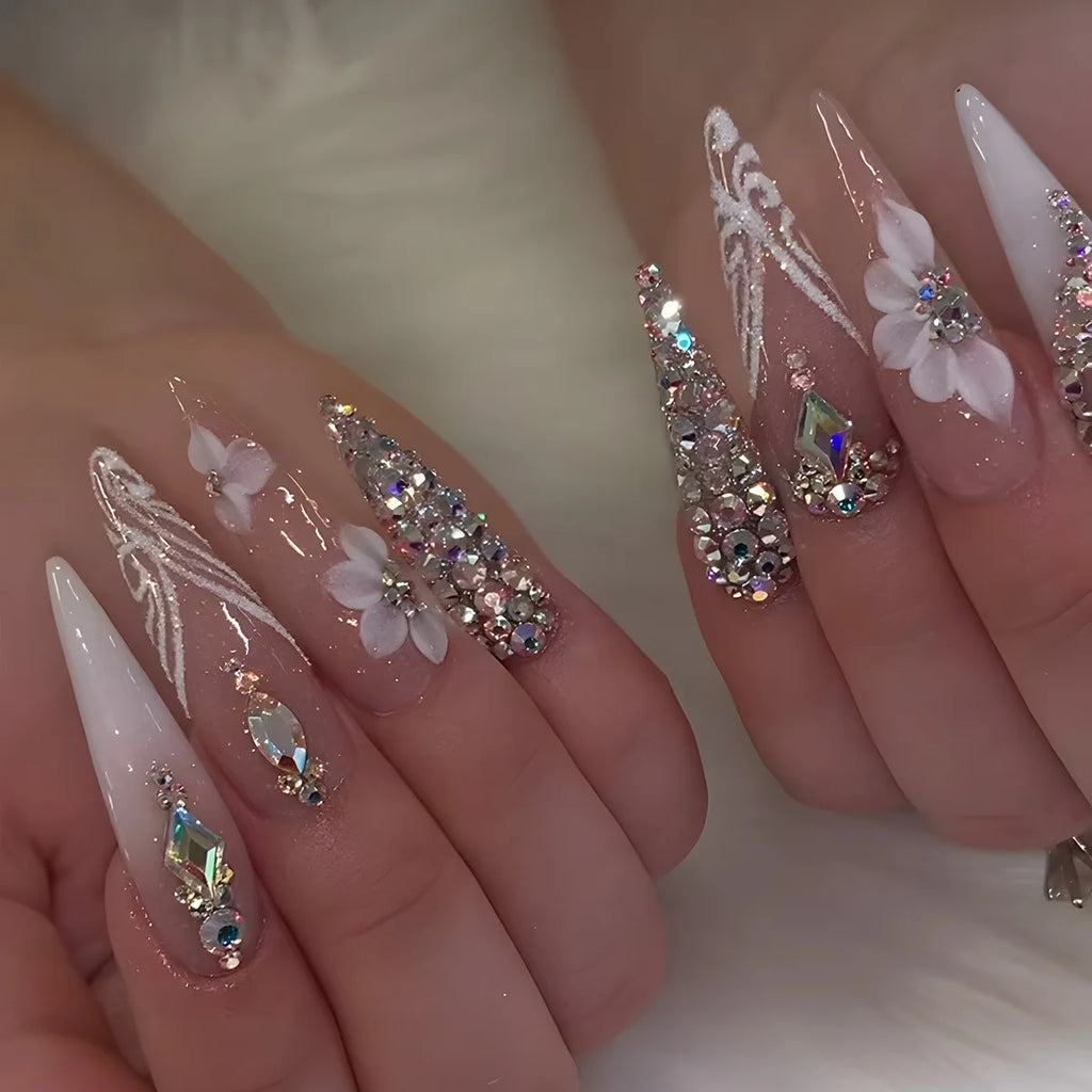 24Pcs Long Stiletto Nails Set Press on Pink Edge French Detachable Fake Nails Art Simple Artificial Full Cover False Nails Tips