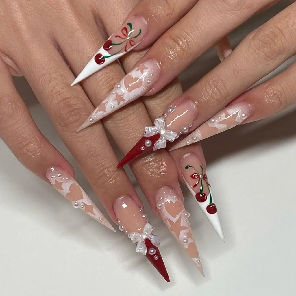 24Pcs Long Stiletto Nails Set Press on Pink Edge French Detachable Fake Nails Art Simple Artificial Full Cover False Nails Tips
