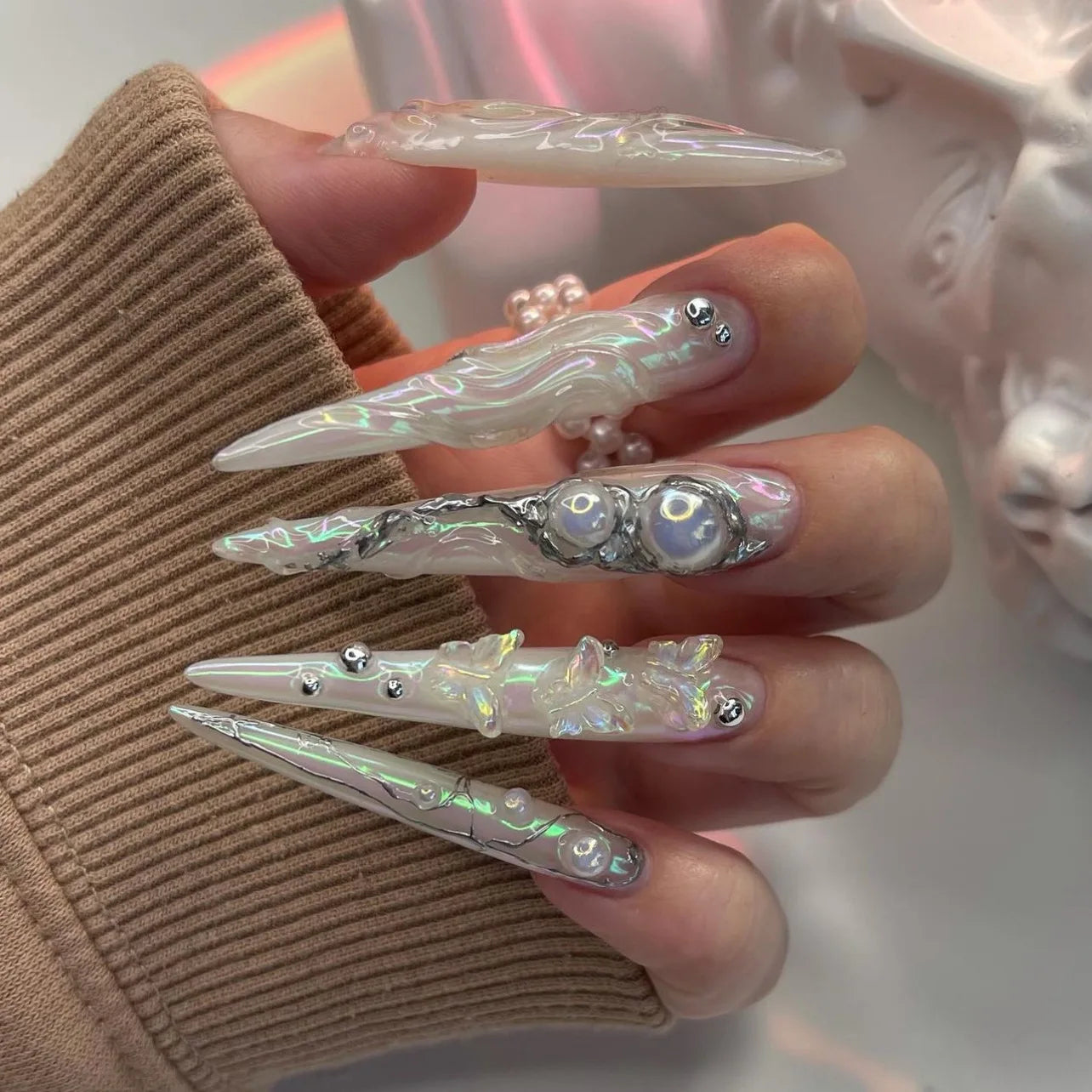 24Pcs Long Stiletto Nails Set Press on Pink Edge French Detachable Fake Nails Art Simple Artificial Full Cover False Nails Tips