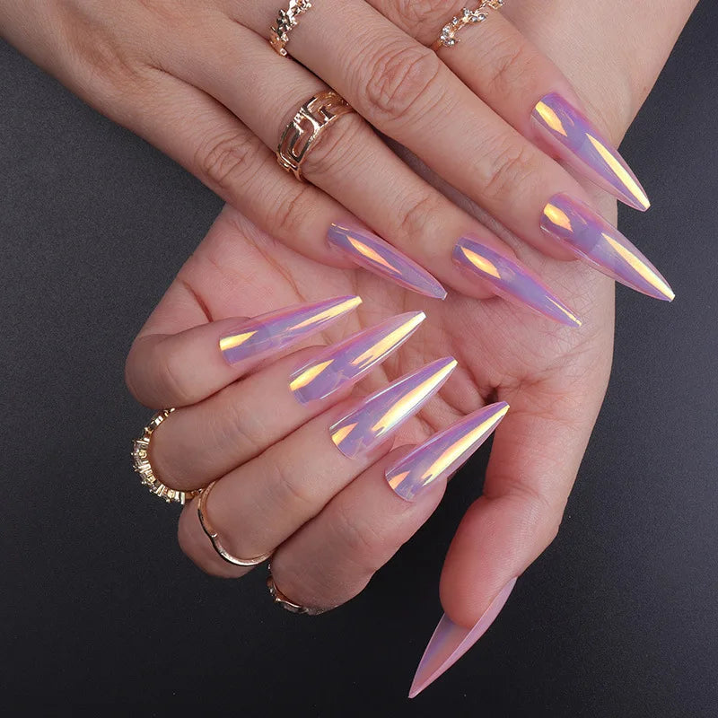 24Pcs Long Stiletto Nails Set Press on Pink Edge French Detachable Fake Nails Art Simple Artificial Full Cover False Nails Tips