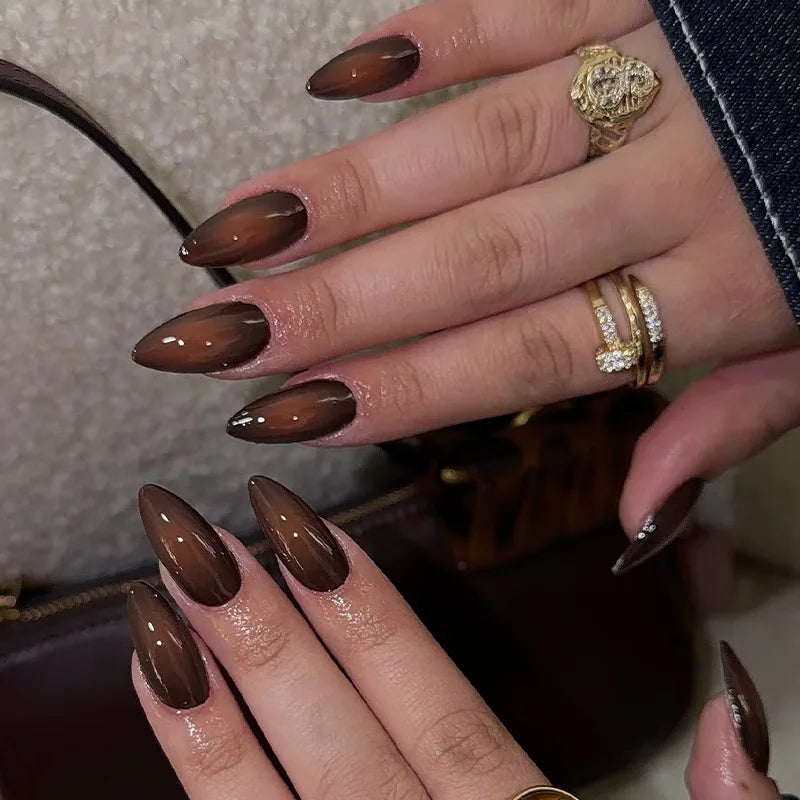 24pcs Long Almond Press on Nails False Nails with Golden Decoration Wearable Stick-on Nails Fake Nail Uñas Накладные Ногти 네일팁