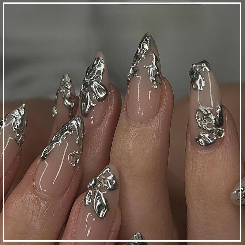 24pcs Long Almond Press on Nails False Nails with Golden Decoration Wearable Stick-on Nails Fake Nail Uñas Накладные Ногти 네일팁