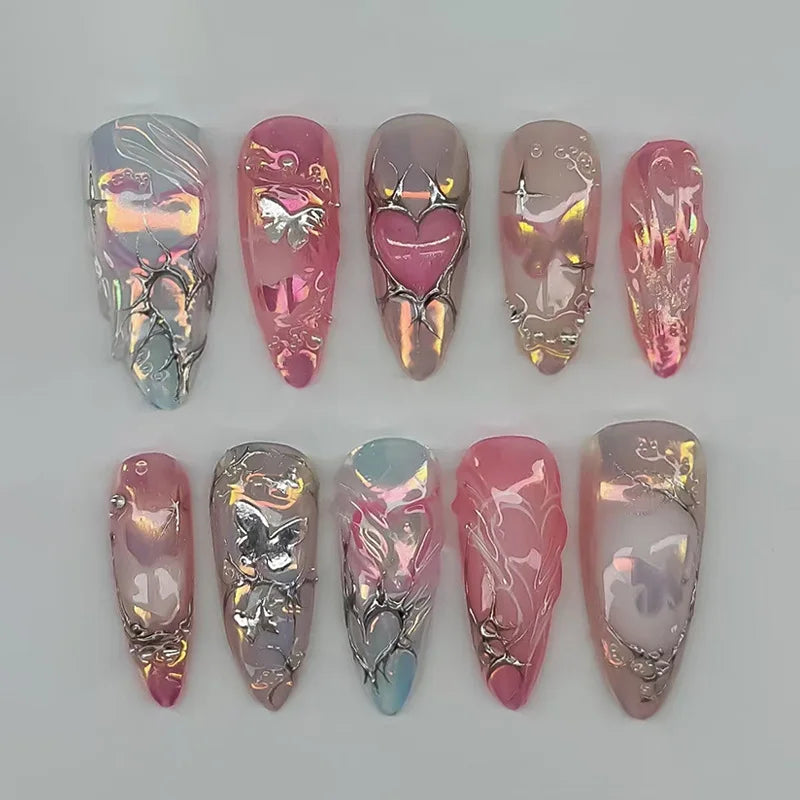 24Pcs Black Y2k Long False Nails with Almond Head Design Cat's Eye Silver Stripe Pattern Press on Fake Nails Wearable Nail Tips
