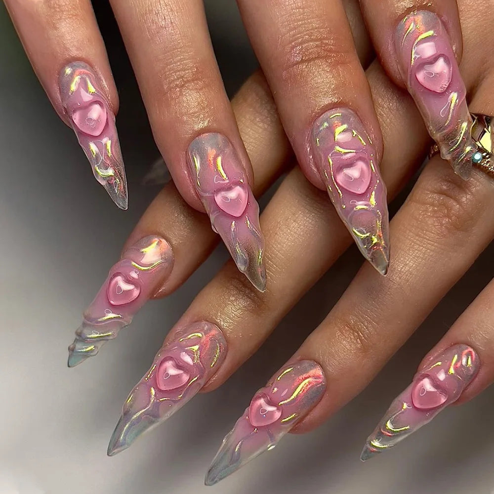 24Pcs Long Stiletto Nails Set Press on Pink Edge French Detachable Fake Nails Art Simple Artificial Full Cover False Nails Tips