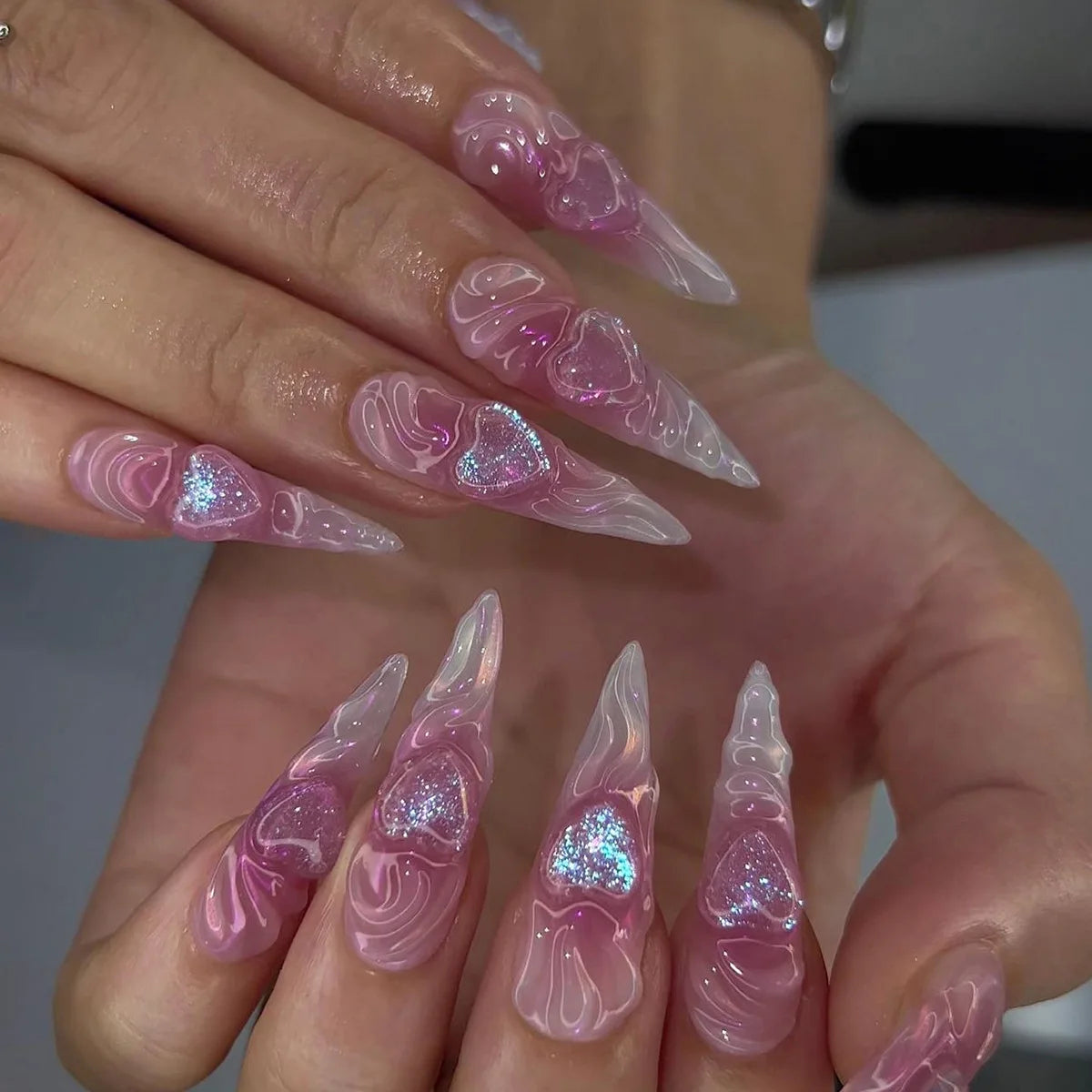 24Pcs Long Stiletto Nails Set Press on Pink Edge French Detachable Fake Nails Art Simple Artificial Full Cover False Nails Tips