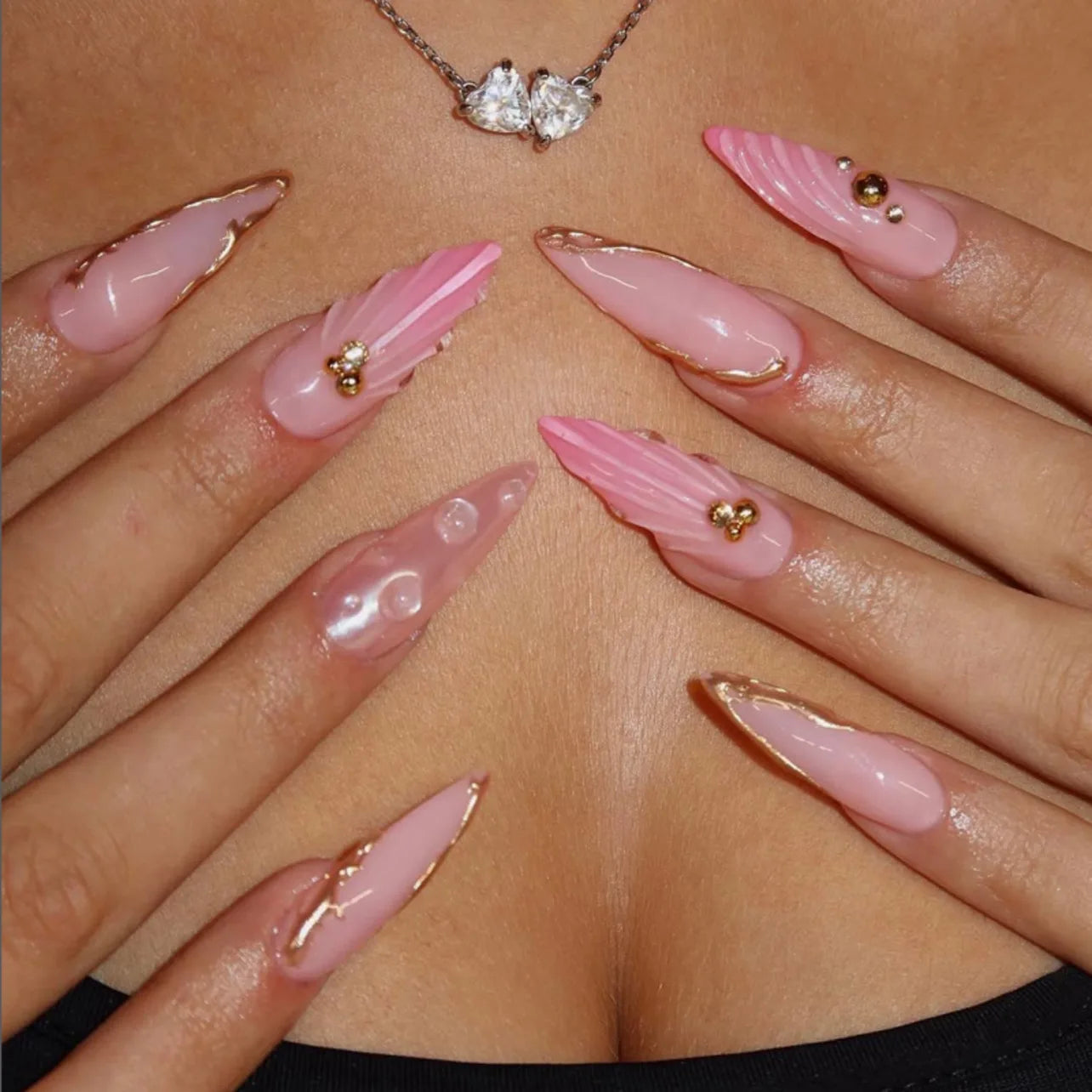 24Pcs Long Stiletto Nails Set Press on Pink Edge French Detachable Fake Nails Art Simple Artificial Full Cover False Nails Tips