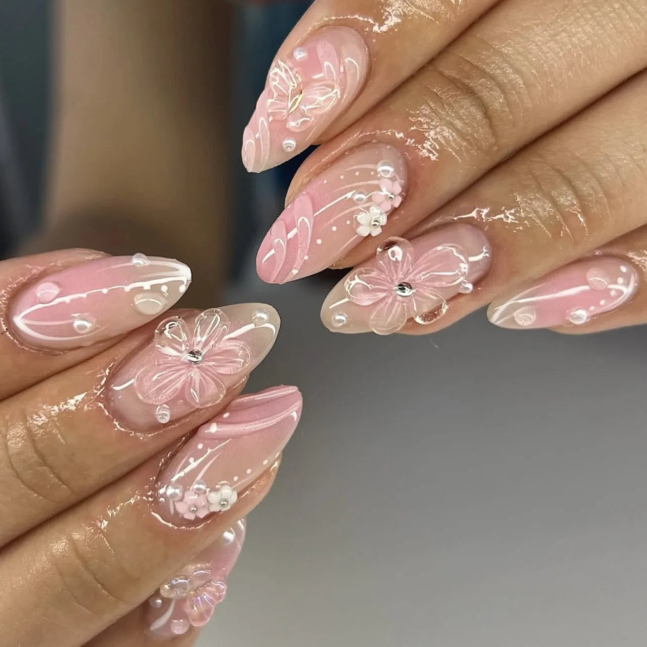 24pcs Women'S Nail Set Burgundy Almond Shape Medium Length Solid Color with Floral Golden Dust Design Fake Nails for Women/Girls