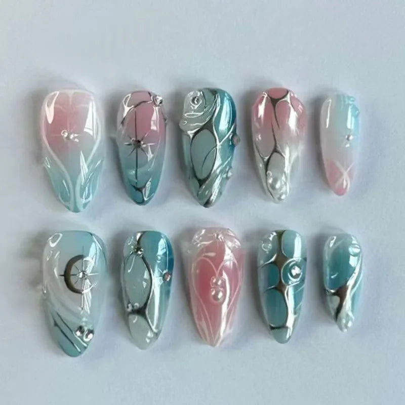 24Pcs Black Y2k Long False Nails with Almond Head Design Cat's Eye Silver Stripe Pattern Press on Fake Nails Wearable Nail Tips
