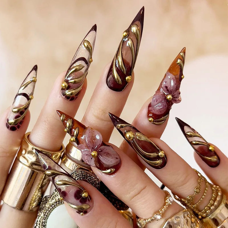 24pcs Long Stilleto Press on Fake Nail Leopard Print Design False Nails with Golden Foil Wearable French Full Cover Nail Art Tip