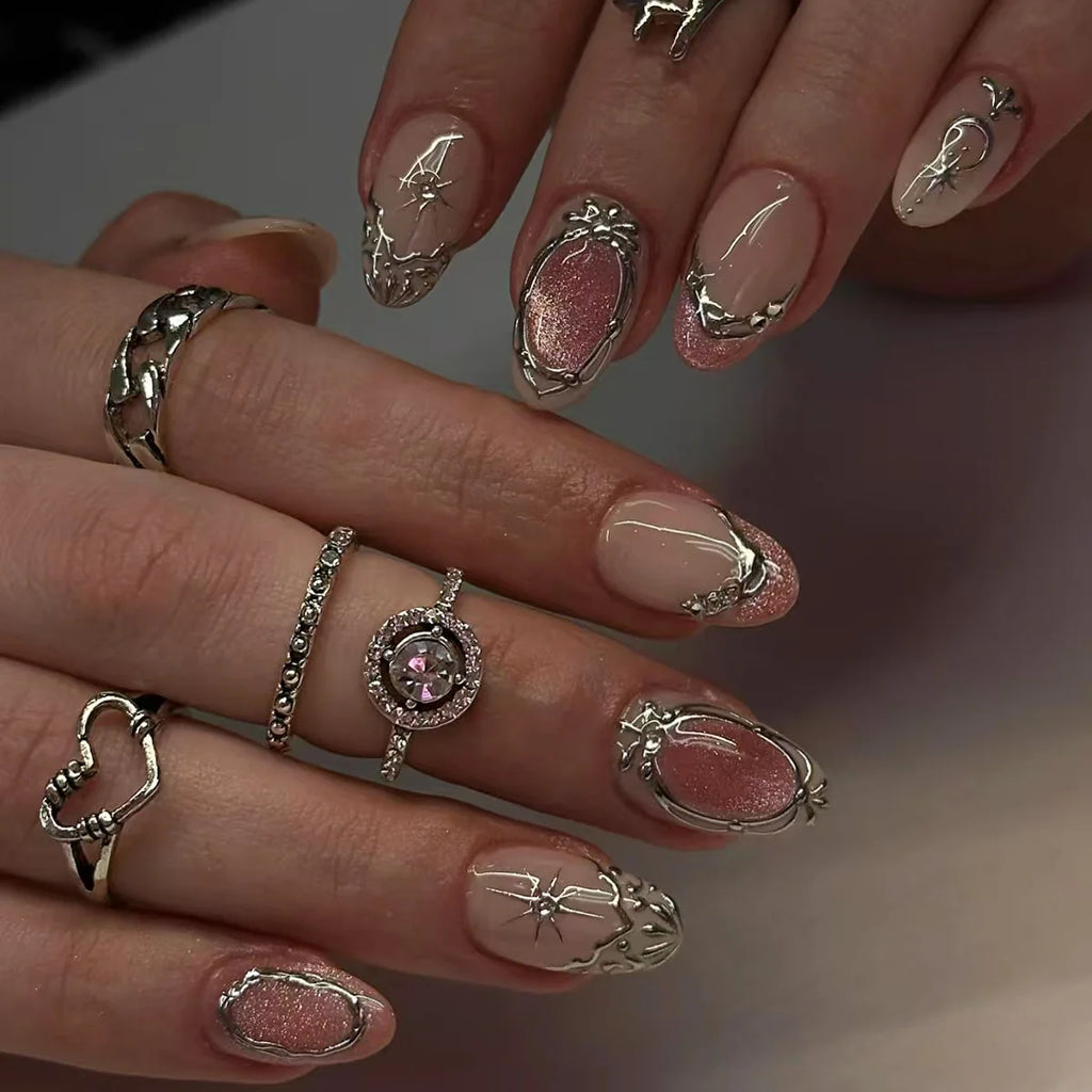 24Pcs Black Y2k Long False Nails with Almond Head Design Cat's Eye Silver Stripe Pattern Press on Fake Nails Wearable Nail Tips
