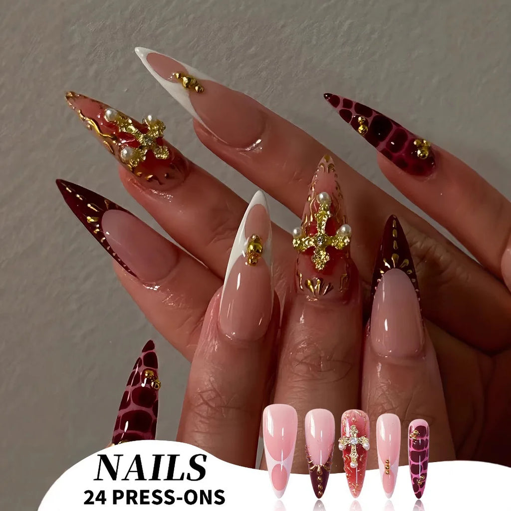 24pcs Long Almond Press on Nails False Nails with Golden Decoration Wearable Stick-on Nails Fake Nail Uñas Накладные Ногти 네일팁