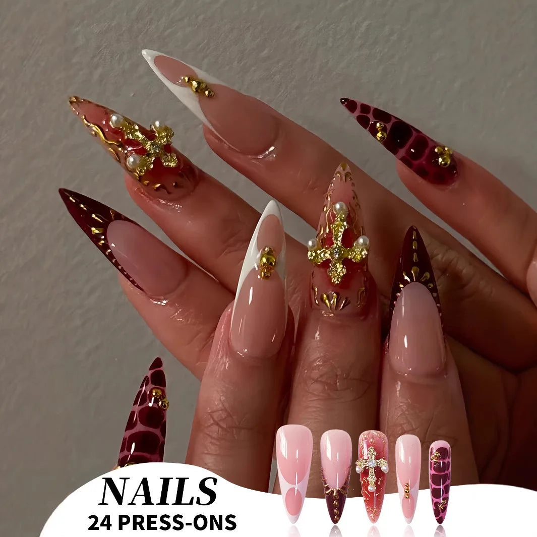 24pcs Long Almond Press on Nails False Nails with Golden Decoration Wearable Stick-on Nails Fake Nail Uñas Накладные Ногти 네일팁