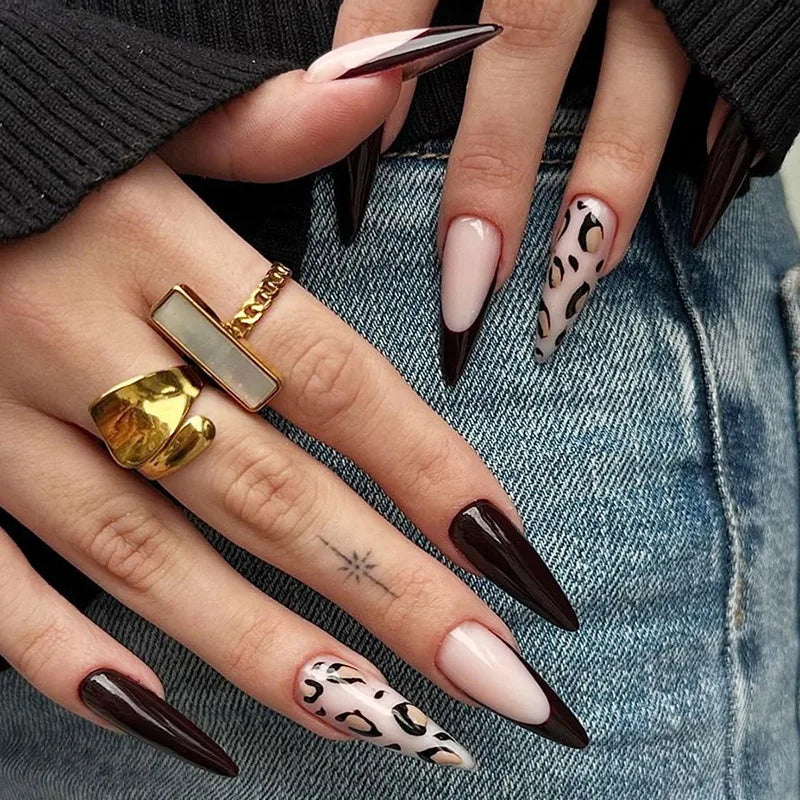 24Pcs Long Stiletto Nails Set Press on Pink Edge French Detachable Fake Nails Art Simple Artificial Full Cover False Nails Tips