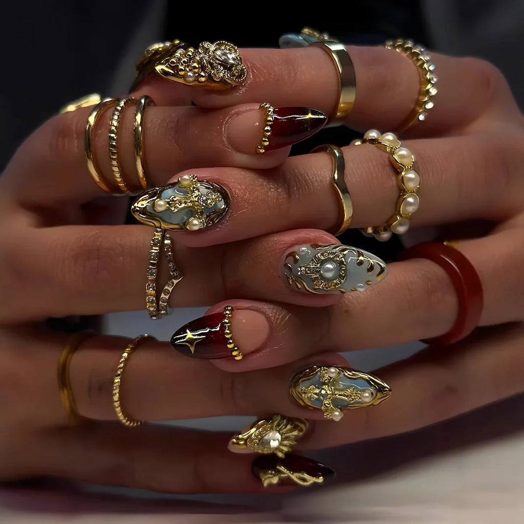 24pcs Long Almond Press on Nails False Nails with Golden Decoration Wearable Stick-on Nails Fake Nail Uñas Накладные Ногти 네일팁