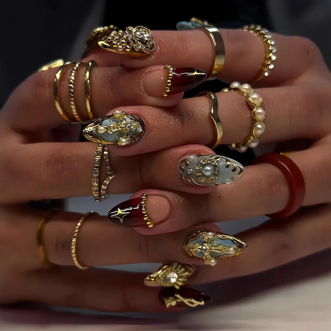 24pcs Long Almond Press on Nails False Nails with Golden Decoration Wearable Stick-on Nails Fake Nail Uñas Накладные Ногти 네일팁