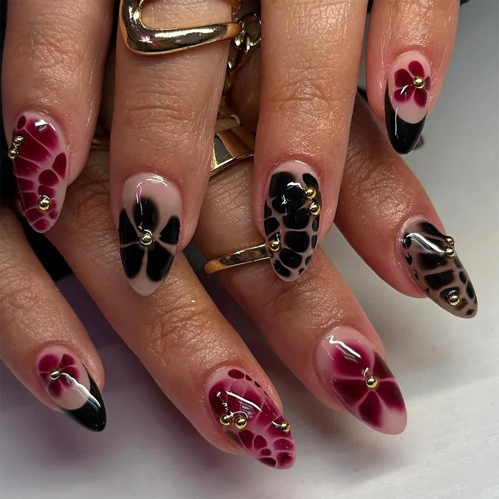 24pcs Women'S Nail Set Burgundy Almond Shape Medium Length Solid Color with Floral Golden Dust Design Fake Nails for Women/Girls