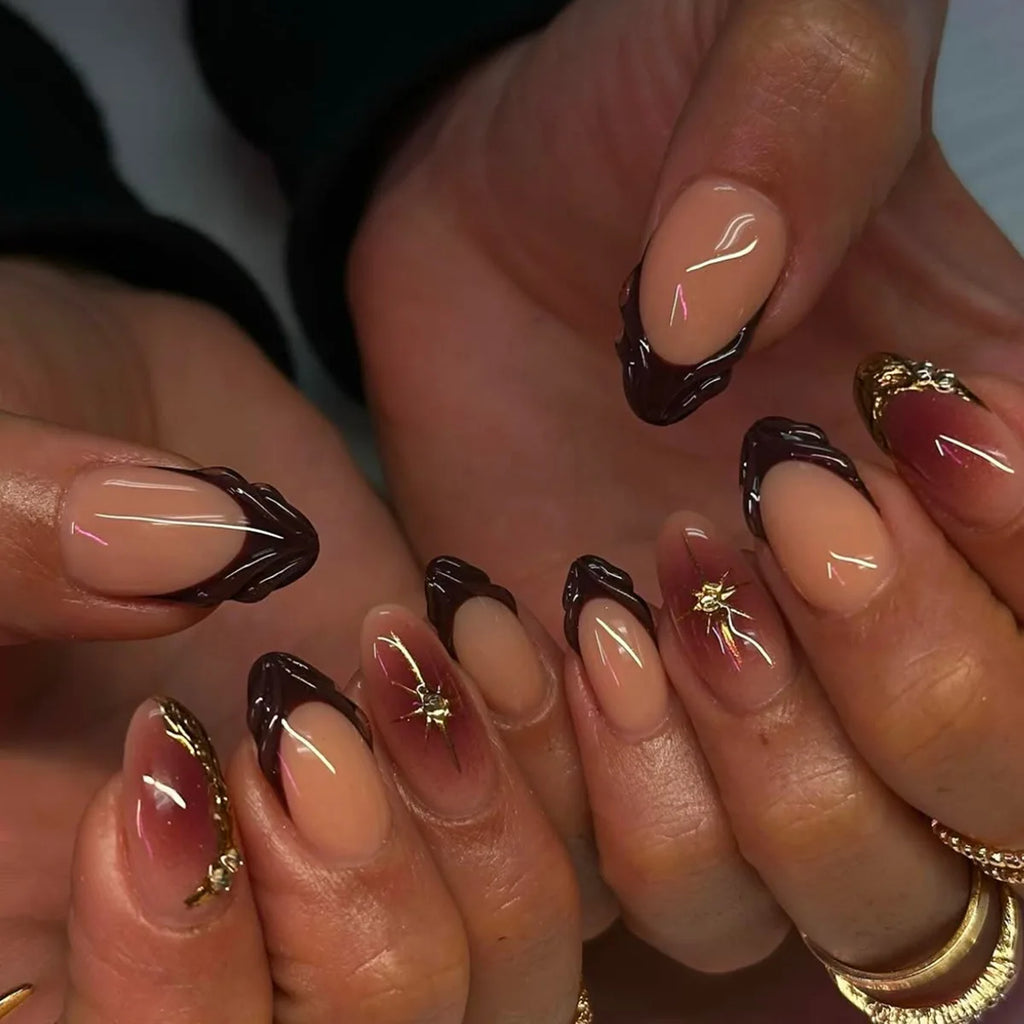 24pcs Long Almond Press on Nails False Nails with Golden Decoration Wearable Stick-on Nails Fake Nail Uñas Накладные Ногти 네일팁