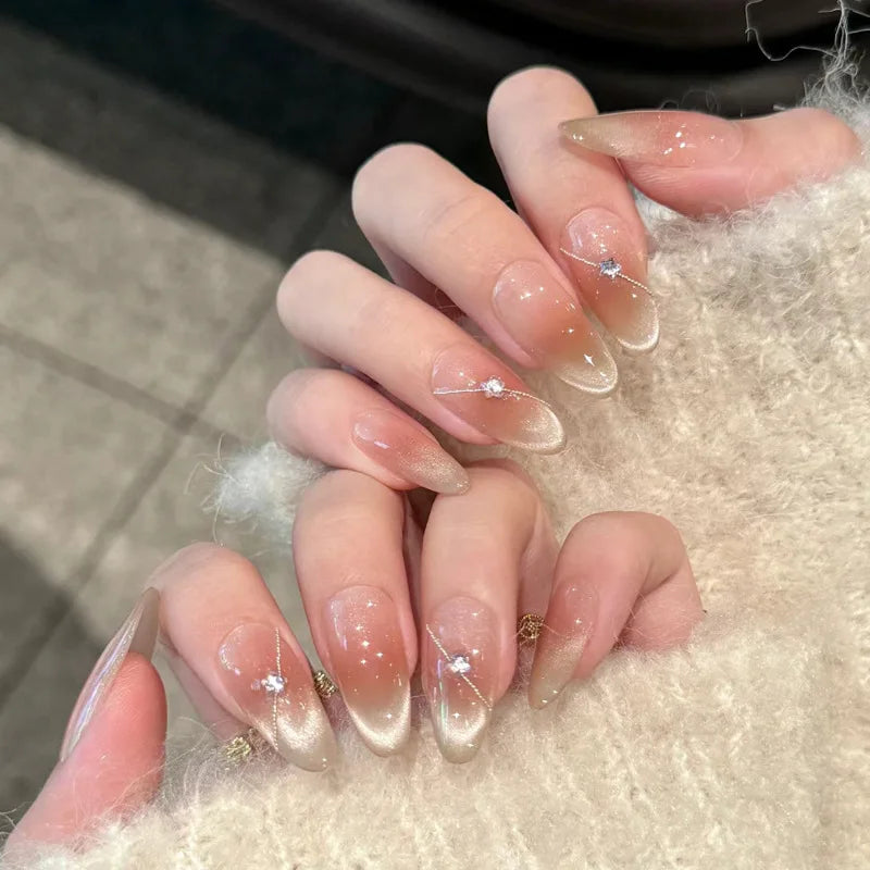 24pcs Long Almond Press on Nails False Nails with Golden Decoration Wearable Stick-on Nails Fake Nail Uñas Накладные Ногти 네일팁